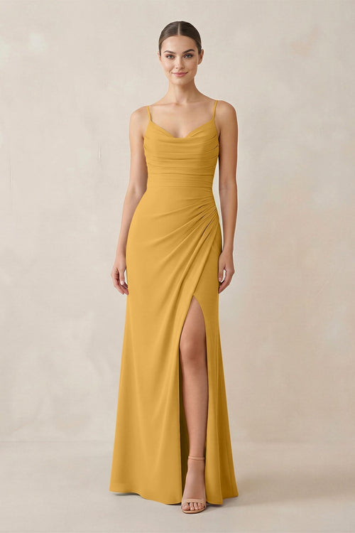 Ruched Sheath Spaghetti Strap Chiffon Bridesmaid Dress in Marigold - KissProm Bridesmaid Dresses