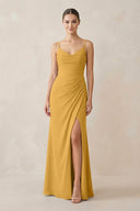 Ruched Sheath Spaghetti Strap Chiffon Bridesmaid Dress in Marigold - KissProm Bridesmaid Dresses