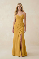 Ruched Sheath Spaghetti Strap Chiffon Bridesmaid Dress in Marigold - KissProm BRIDESMAID DRESSES