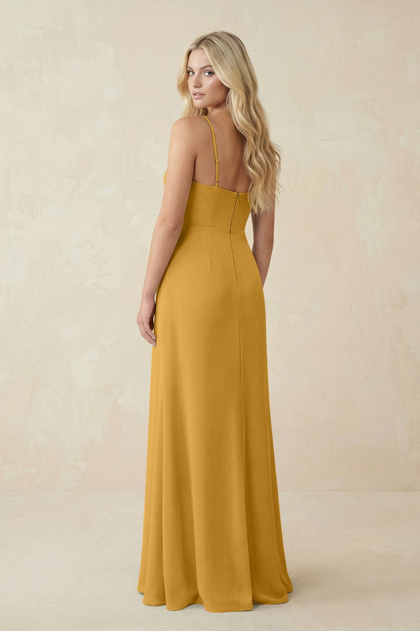 Ruched Sheath Spaghetti Strap Chiffon Bridesmaid Dress in Marigold - KissProm BRIDESMAID DRESSES