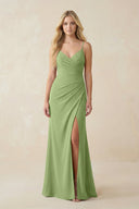 Ruched Sheath Spaghetti Strap Chiffon Bridesmaid Dress in Matcha - KissProm BRIDESMAID DRESSES