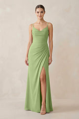 Ruched Sheath Spaghetti Strap Chiffon Bridesmaid Dress in Matcha - KissProm Bridesmaid Dresses