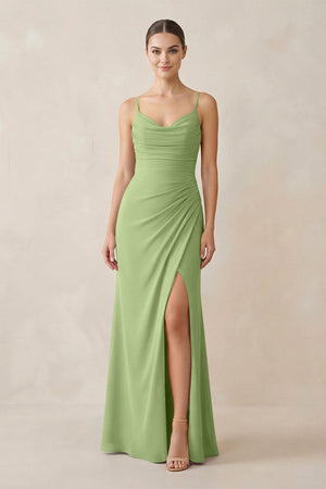 Ruched Sheath Spaghetti Strap Chiffon Bridesmaid Dress in Matcha - KissProm Bridesmaid Dresses
