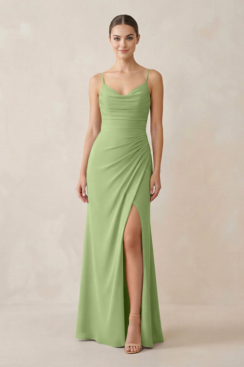 Ruched Sheath Spaghetti Strap Chiffon Bridesmaid Dress in Matcha - KissProm Bridesmaid Dresses