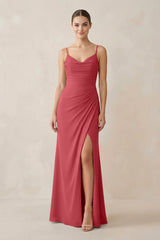 Ruched Sheath Spaghetti Strap Chiffon Bridesmaid Dress in Merlot - KissProm Bridesmaid Dresses