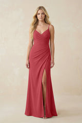 Ruched Sheath Spaghetti Strap Chiffon Bridesmaid Dress in Merlot - KissProm BRIDESMAID DRESSES