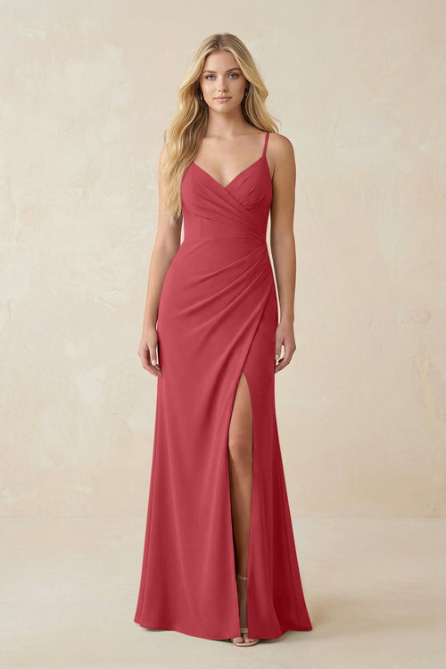 Ruched Sheath Spaghetti Strap Chiffon Bridesmaid Dress in Merlot - KissProm BRIDESMAID DRESSES