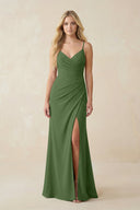 Ruched Sheath Spaghetti Strap Chiffon Bridesmaid Dress in Moss - KissProm BRIDESMAID DRESSES