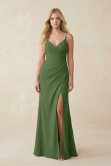 Ruched Sheath Spaghetti Strap Chiffon Bridesmaid Dress in Moss - KissProm BRIDESMAID DRESSES