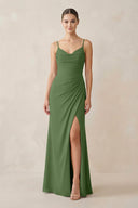 Ruched Sheath Spaghetti Strap Chiffon Bridesmaid Dress in Moss - KissProm Bridesmaid Dresses