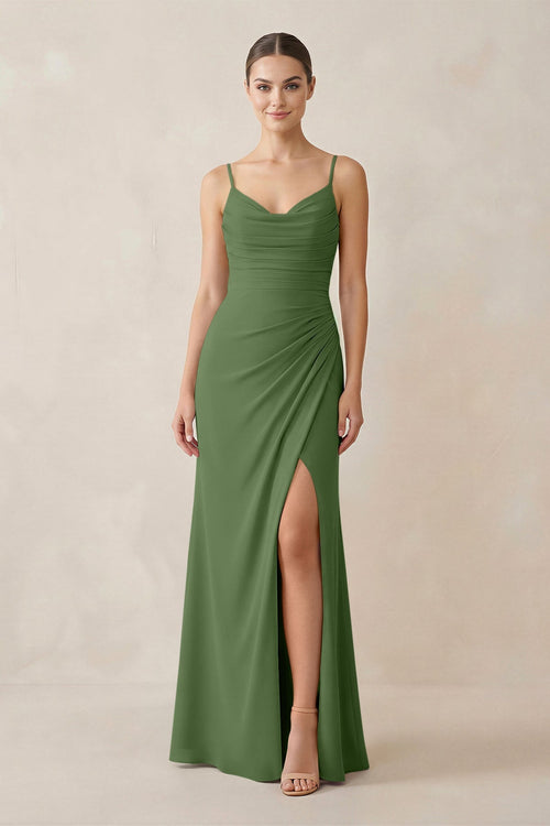 Ruched Sheath Spaghetti Strap Chiffon Bridesmaid Dress in Moss - KissProm Bridesmaid Dresses