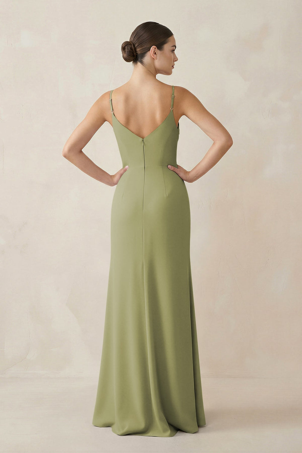 Ruched Sheath Spaghetti Strap Chiffon Bridesmaid Dress in Moss Green - KissProm Bridesmaid Dresses