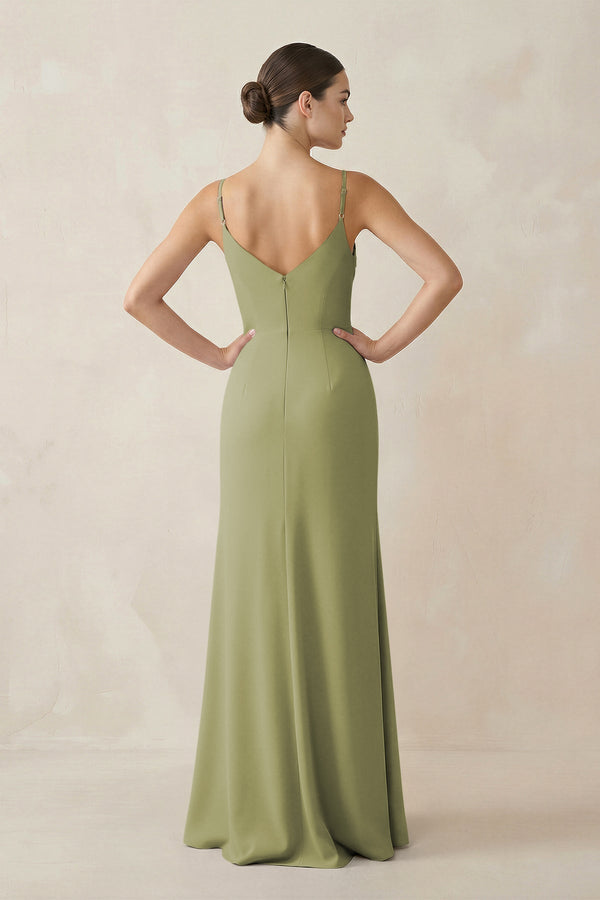 Ruched Sheath Spaghetti Strap Chiffon Bridesmaid Dress in Moss Green - KissProm Bridesmaid Dresses