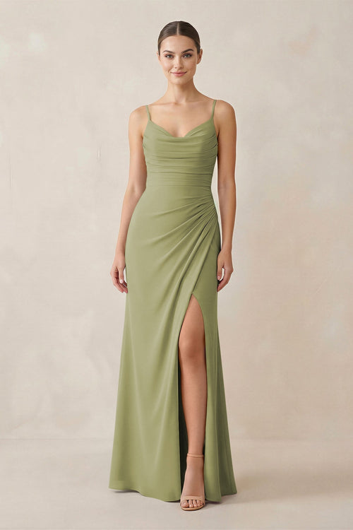 Ruched Sheath Spaghetti Strap Chiffon Bridesmaid Dress in Moss Green - KissProm Bridesmaid Dresses