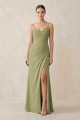 Ruched Sheath Spaghetti Strap Chiffon Bridesmaid Dress in Moss Green - KissProm Bridesmaid Dresses