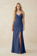 Ruched Sheath Spaghetti Strap Chiffon Bridesmaid Dress in Navy - KissProm BRIDESMAID DRESSES