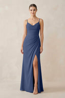 Ruched Sheath Spaghetti Strap Chiffon Bridesmaid Dress in Navy - KissProm Bridesmaid Dresses