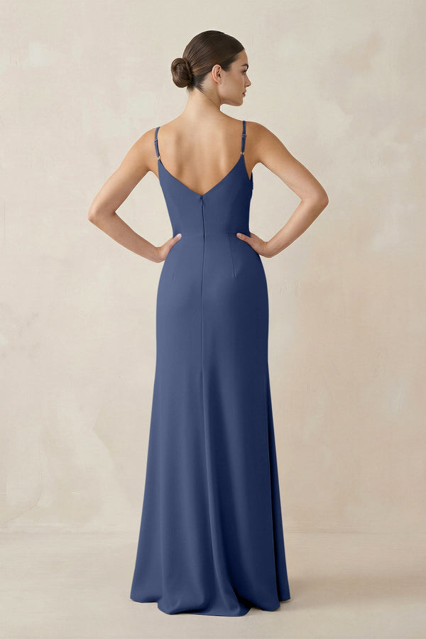 Ruched Sheath Spaghetti Strap Chiffon Bridesmaid Dress in Navy - KissProm Bridesmaid Dresses