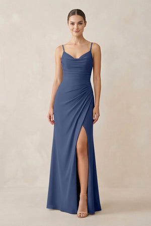 Ruched Sheath Spaghetti Strap Chiffon Bridesmaid Dress in Navy - KissProm Bridesmaid Dresses