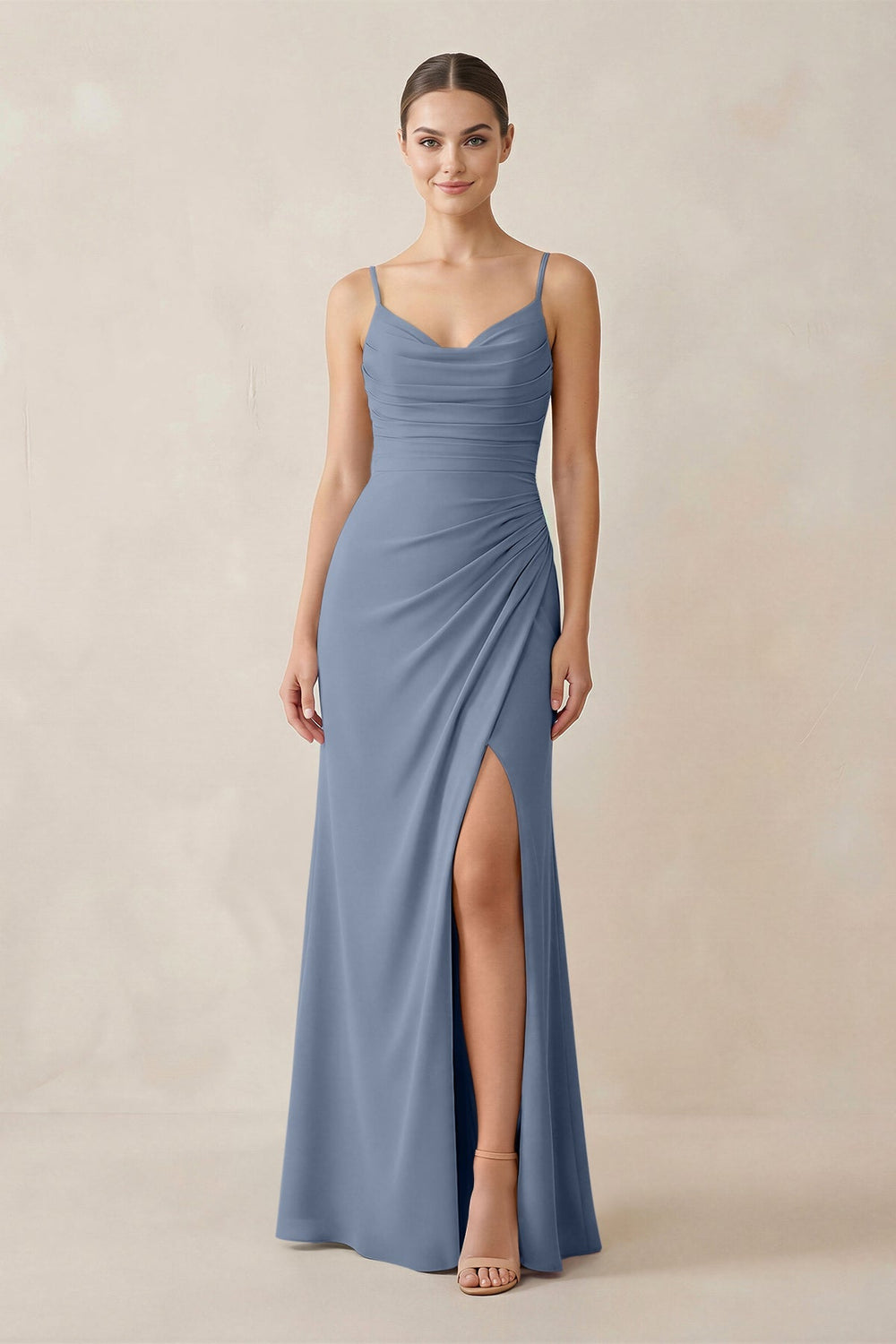 Ruched Sheath Spaghetti Strap Chiffon Bridesmaid Dress in Neptune - KissProm Bridesmaid Dresses