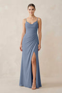 Ruched Sheath Spaghetti Strap Chiffon Bridesmaid Dress in Neptune - KissProm Bridesmaid Dresses