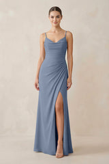 Ruched Sheath Spaghetti Strap Chiffon Bridesmaid Dress in Neptune - KissProm Bridesmaid Dresses