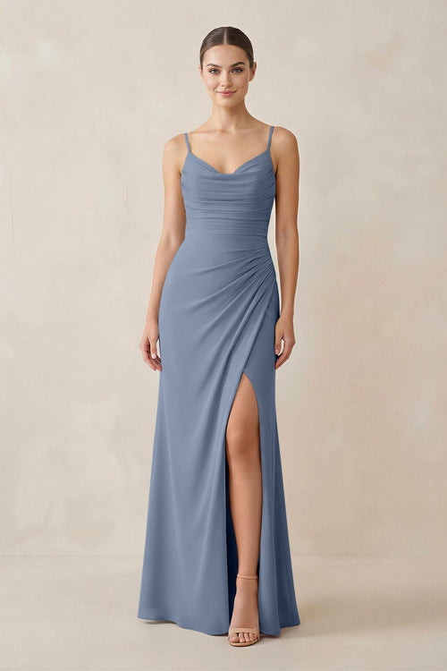 Ruched Sheath Spaghetti Strap Chiffon Bridesmaid Dress in Neptune - KissProm Bridesmaid Dresses