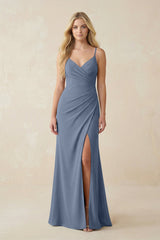 Ruched Sheath Spaghetti Strap Chiffon Bridesmaid Dress in Neptune - KissProm BRIDESMAID DRESSES
