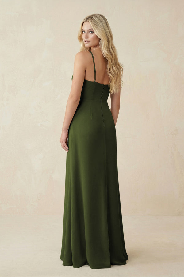 Ruched Sheath Spaghetti Strap Chiffon Bridesmaid Dress in Olive - KissProm BRIDESMAID DRESSES