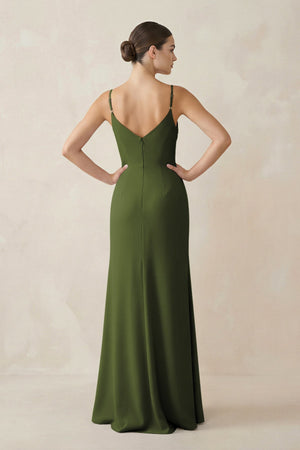Ruched Sheath Spaghetti Strap Chiffon Bridesmaid Dress in Olive - KissProm Bridesmaid Dresses