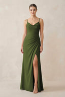 Ruched Sheath Spaghetti Strap Chiffon Bridesmaid Dress in Olive - KissProm Bridesmaid Dresses