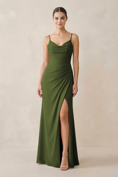 Ruched Sheath Spaghetti Strap Chiffon Bridesmaid Dress in Olive - KissProm Bridesmaid Dresses