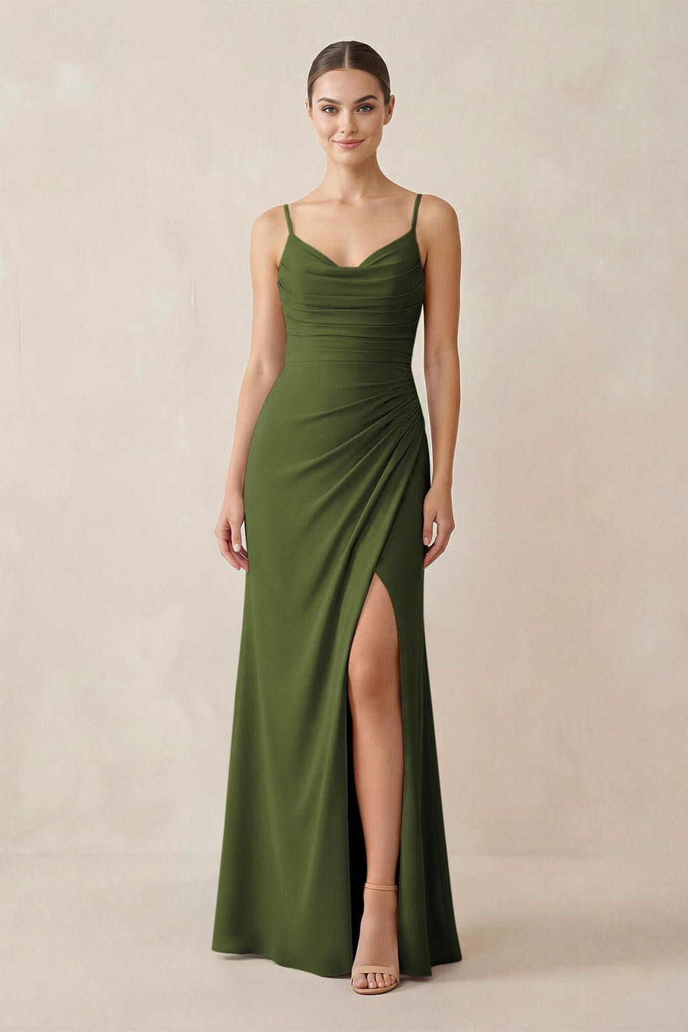 Ruched Sheath Spaghetti Strap Chiffon Bridesmaid Dress in Olive - KissProm Bridesmaid Dresses