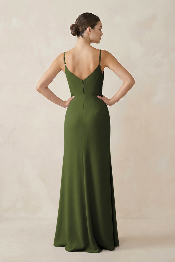 Ruched Sheath Spaghetti Strap Chiffon Bridesmaid Dress in Olive - KissProm Bridesmaid Dresses