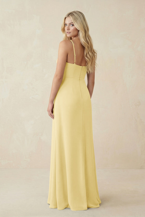 Ruched Sheath Spaghetti Strap Chiffon Bridesmaid Dress in Pastel Yello in Pastel Yellow - KissProm BRIDESMAID DRESSES