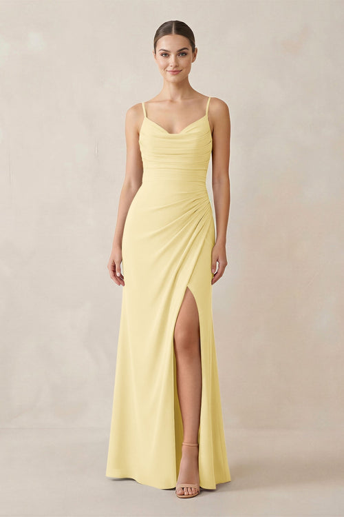 Ruched Sheath Spaghetti Strap Chiffon Bridesmaid Dress in Pastel Yellow - KissProm Bridesmaid Dresses