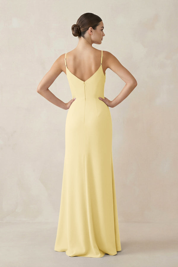 Ruched Sheath Spaghetti Strap Chiffon Bridesmaid Dress in Pastel Yellow - KissProm Bridesmaid Dresses
