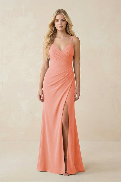 Ruched Sheath Spaghetti Strap Chiffon Bridesmaid Dress in Rosette - KissProm BRIDESMAID DRESSES