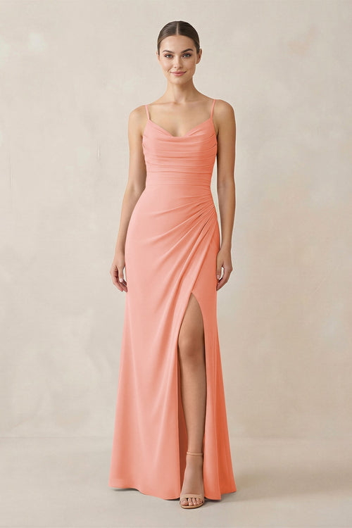 Ruched Sheath Spaghetti Strap Chiffon Bridesmaid Dress in Rosette - KissProm Bridesmaid Dresses