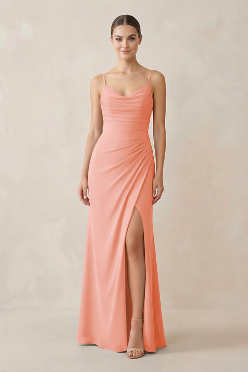 Ruched Sheath Spaghetti Strap Chiffon Bridesmaid Dress in Rosette - KissProm Bridesmaid Dresses