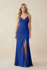 Ruched Sheath Spaghetti Strap Chiffon Bridesmaid Dress in Royal Blue - KissProm BRIDESMAID DRESSES