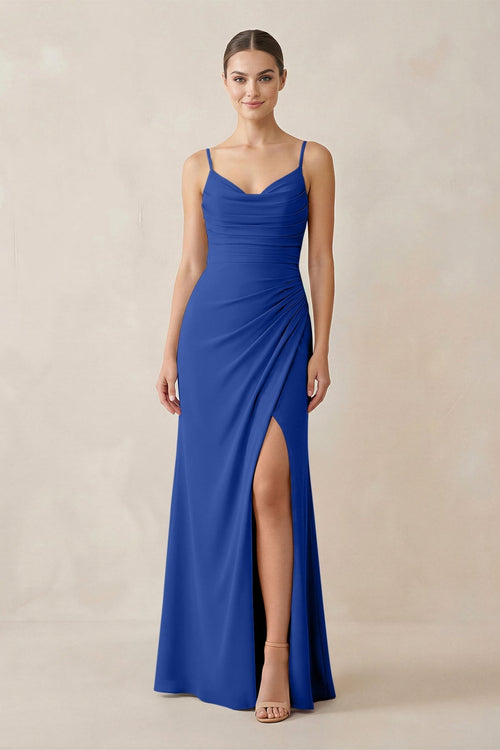 Ruched Sheath Spaghetti Strap Chiffon Bridesmaid Dress in Royal Blue - KissProm Bridesmaid Dresses