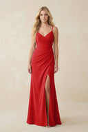 Ruched Sheath Spaghetti Strap Chiffon Bridesmaid Dress in Ruby Red - KissProm BRIDESMAID DRESSES