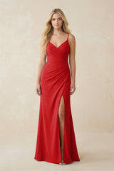 Ruched Sheath Spaghetti Strap Chiffon Bridesmaid Dress in Ruby Red - KissProm BRIDESMAID DRESSES