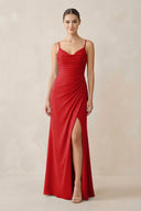 Ruched Sheath Spaghetti Strap Chiffon Bridesmaid Dress in Ruby Red - KissProm Bridesmaid Dresses