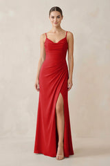 Ruched Sheath Spaghetti Strap Chiffon Bridesmaid Dress in Ruby Red - KissProm Bridesmaid Dresses