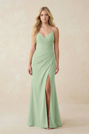 Ruched Sheath Spaghetti Strap Chiffon Bridesmaid Dress in Sage - KissProm BRIDESMAID DRESSES