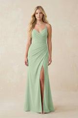 Ruched Sheath Spaghetti Strap Chiffon Bridesmaid Dress in Sage - KissProm BRIDESMAID DRESSES