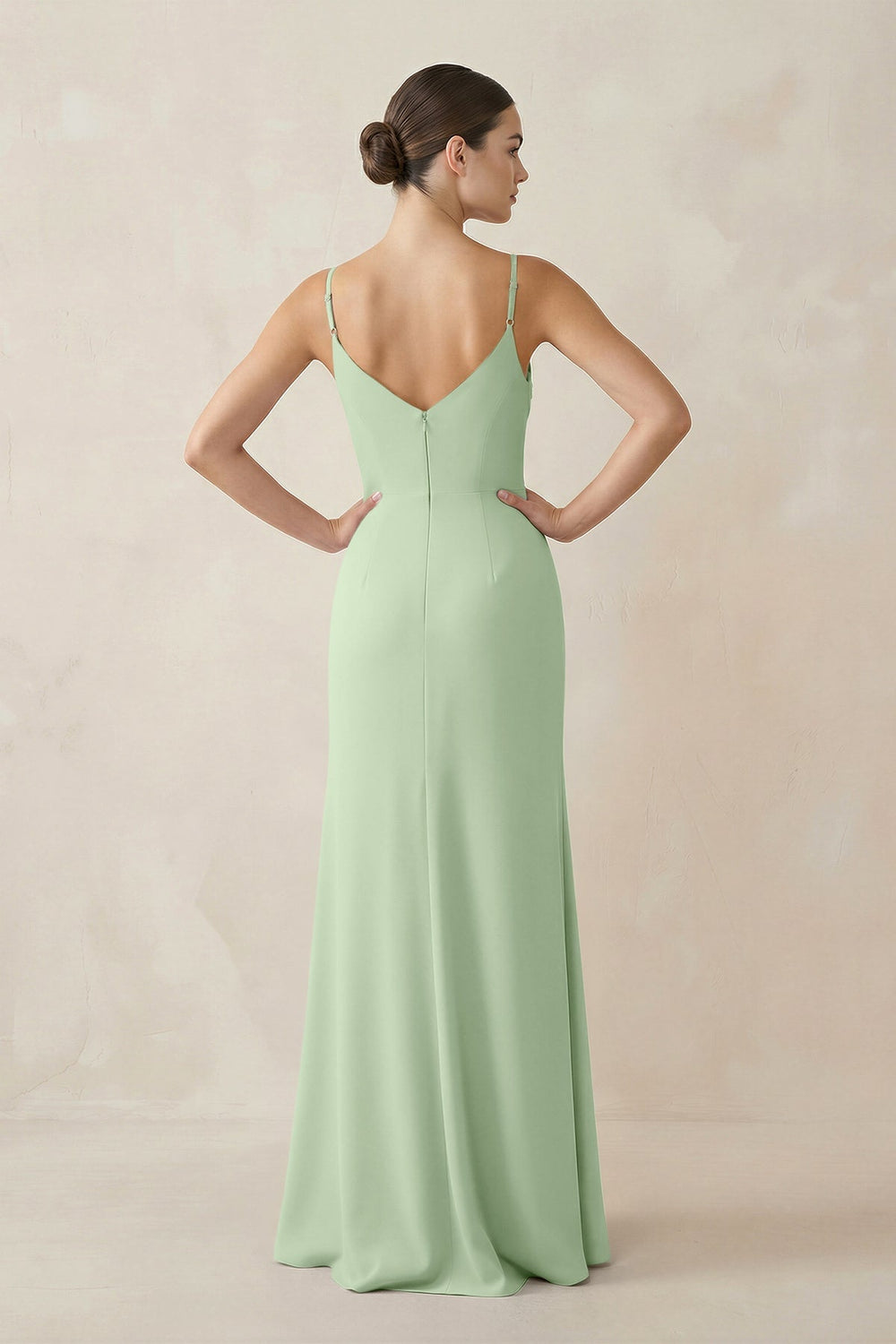 Ruched Sheath Spaghetti Strap Chiffon Bridesmaid Dress in Sage - KissProm Bridesmaid Dresses