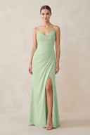 Ruched Sheath Spaghetti Strap Chiffon Bridesmaid Dress in Sage - KissProm Bridesmaid Dresses